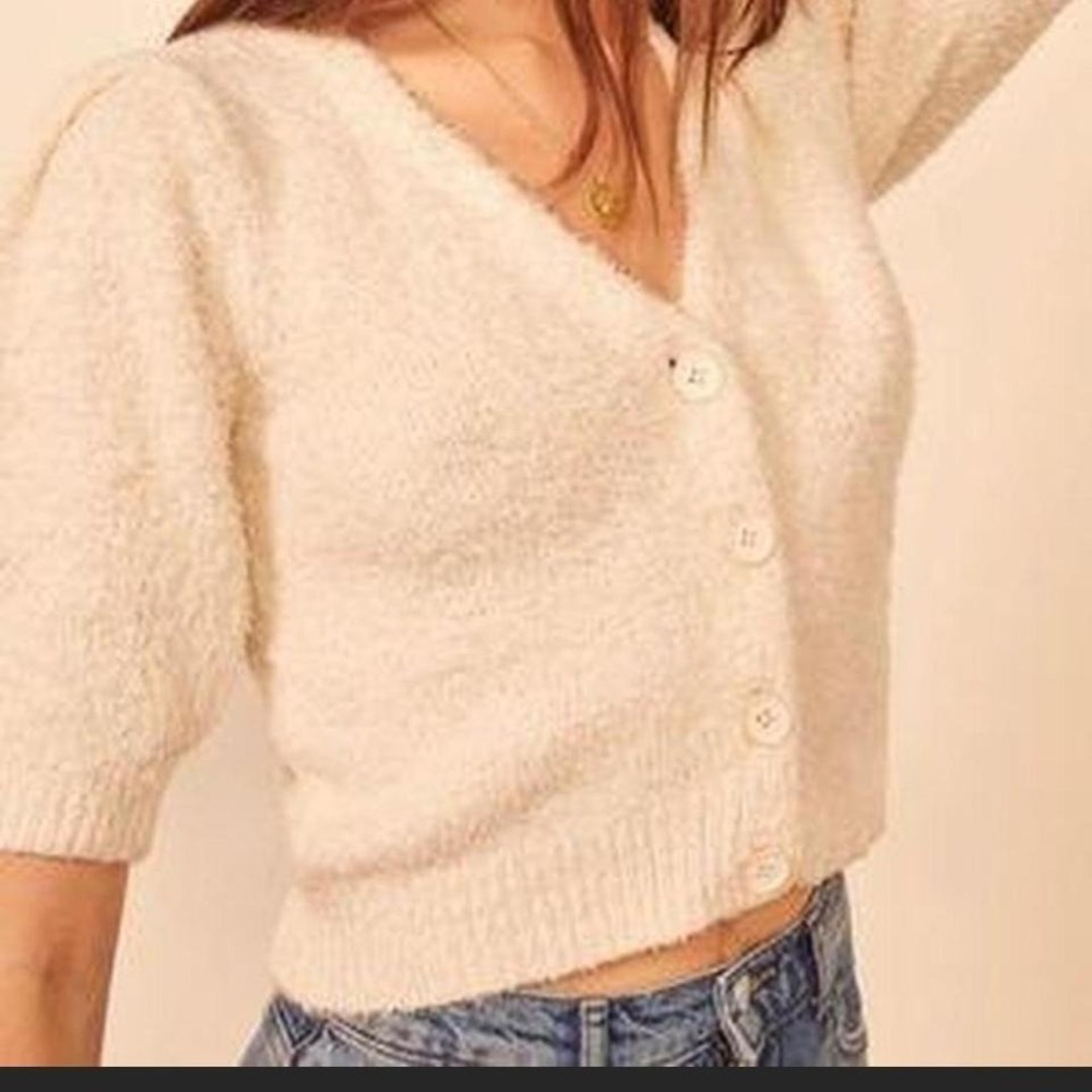 Reformation Cream Fuzzy Knit Cardigan Sweater Puff‎ Sleeve Cropped Medium